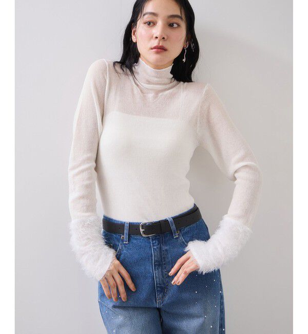 VIS「フェザー切り替えスリーブシアータートルニット」|ニット・セーター|ホワイト(10)