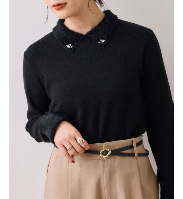 VIS「ビジュー付きシャギーカラーニットトップス」|ニット・セーター|