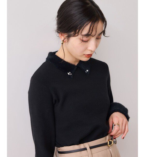 VIS「ビジュー付きシャギーカラーニットトップス」|ニット・セーター|