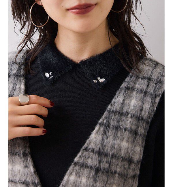 VIS「ビジュー付きシャギーカラーニットトップス」|ニット・セーター|