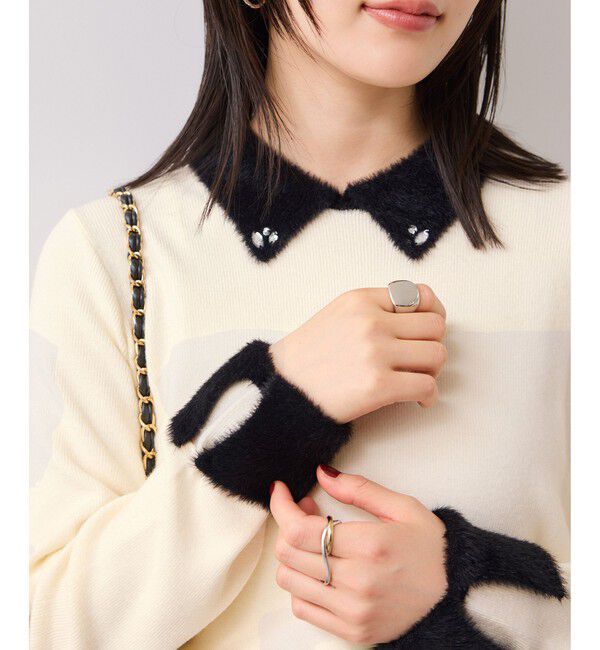 VIS「ビジュー付きシャギーカラーニットトップス」|ニット・セーター|