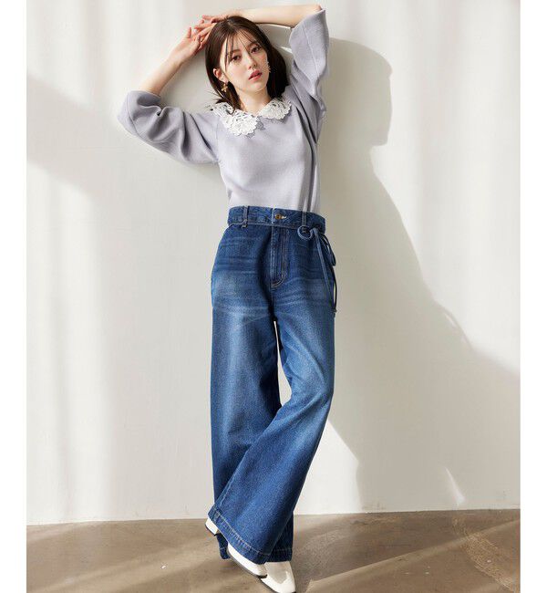 VIS「ベルト付きワイドシルエットデニムパンツ」|デニム|