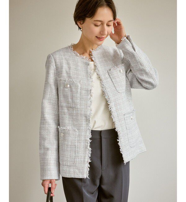 Rope&rsquo;Picnic「セレモニー・通勤対応/ツイードジャケット/リンクコーデ」|ノーカラージャケット|ライトグレー(08)