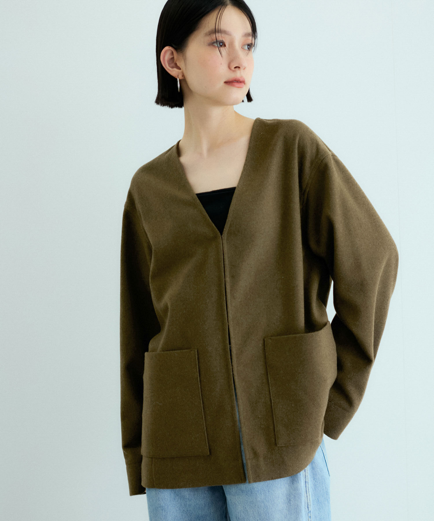 ADAM ET ROPE'「【サステナブル】ウールmixシャツカーディガン」|カーディガン|カーキ(36)