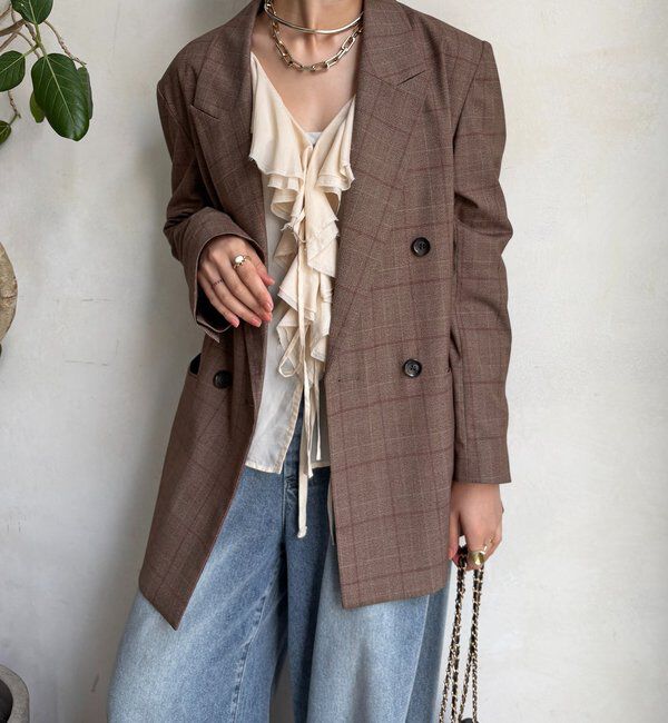  「肩パッドチェックダブルジャケット」|テーラードジャケット|