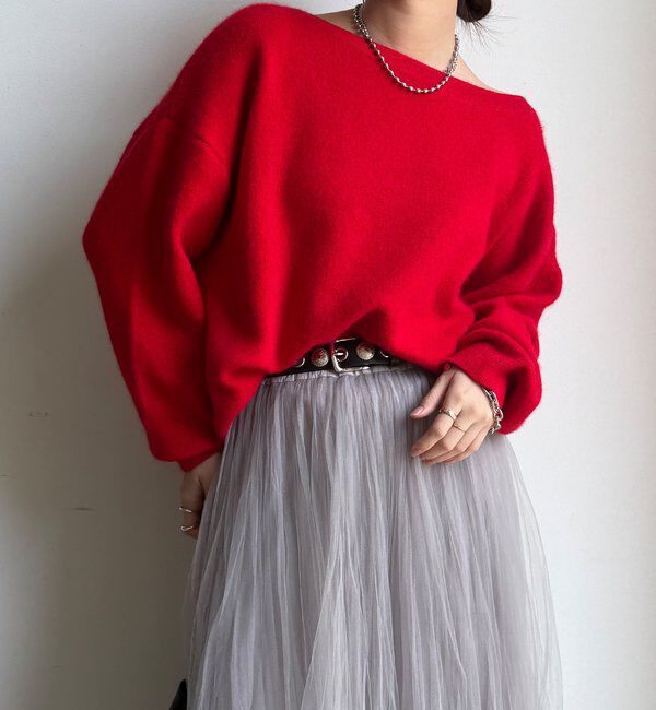  「ファーウールボートネックプルオーバー」|ニット・セーター|レッド