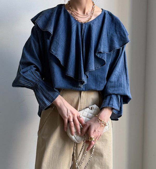  「シアーデニムラッフルブラウス」|シャツ・ブラウス|