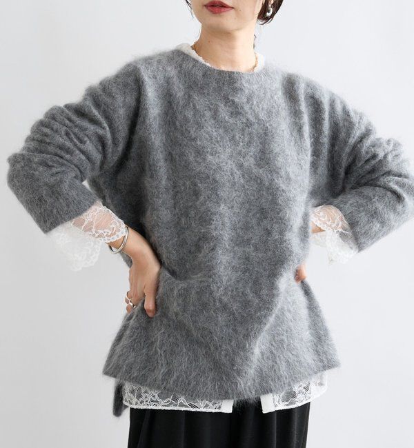  「【ヘアリーな質感】起毛ウールサイドスリットニット」|ニット・セーター|グレー