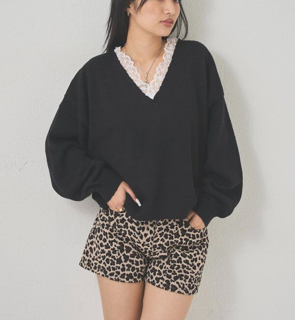  「レースVネックニット」|ニット・セーター|ブラック