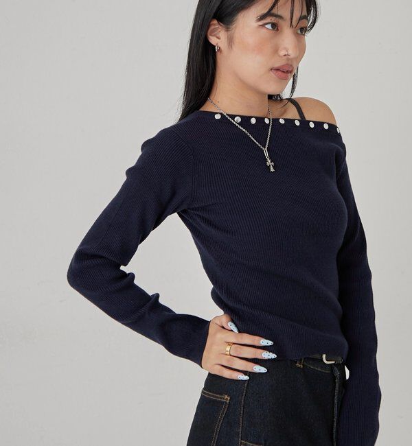  「スタッズワンオフショルニット」|ニット・セーター|