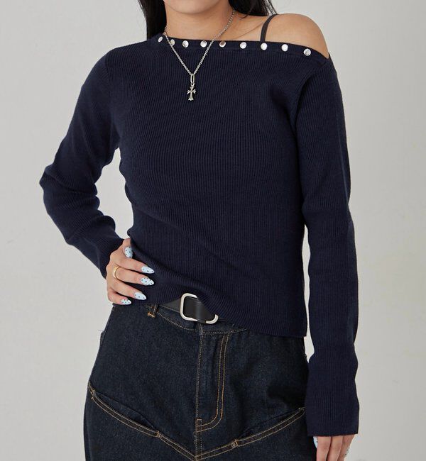  「スタッズワンオフショルニット」|ニット・セーター|