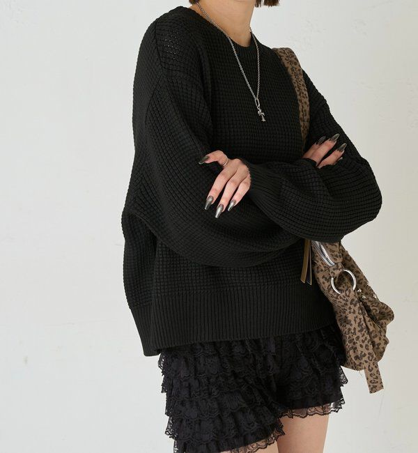  「KOOKYN ワッフル編みクルーニット」|ニット・セーター|ブラック