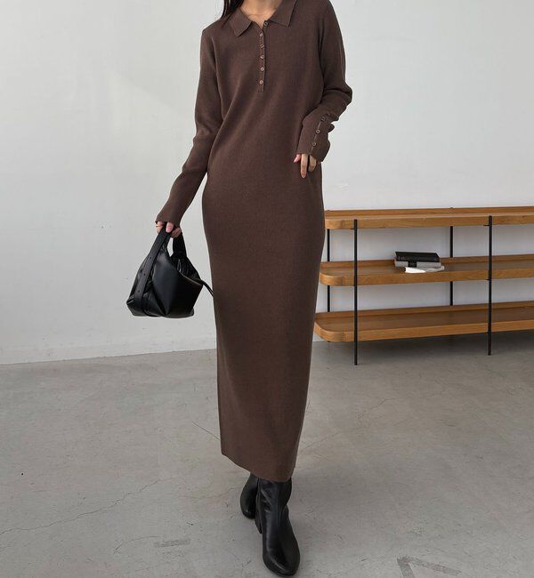  「【低身長サイズあり】襟ニットワンピース」|ワンピース|ブラウン