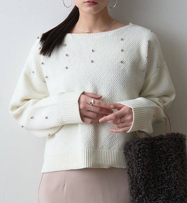 Rouge vif「【一部店舗限定】ビジューニットプルオーバー」|ニット・セーター|チャコールグレー