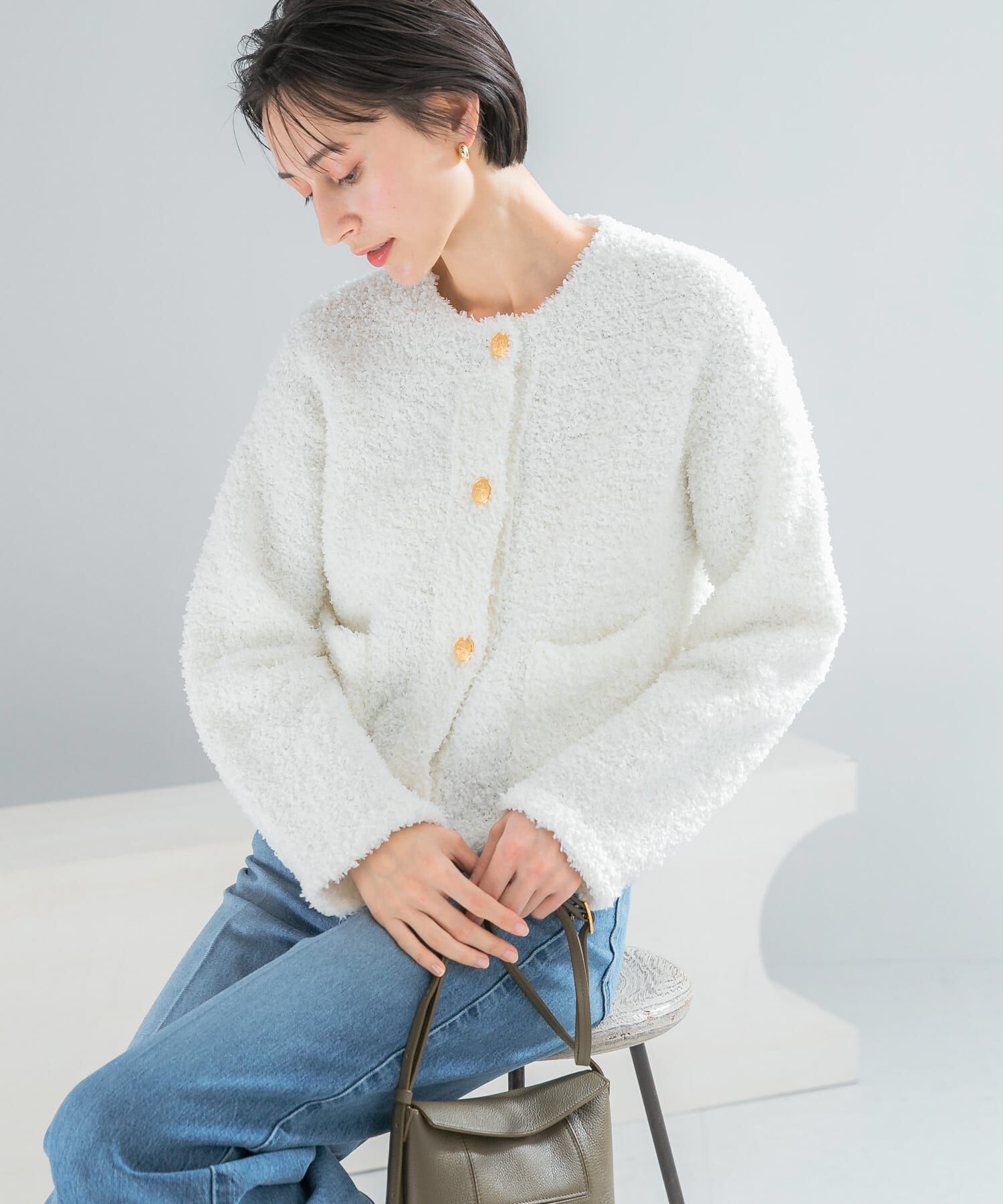 URBAN RESEARCH ROSSO「ニットツイードショートカーディガン」|カーディガン|ホワイト