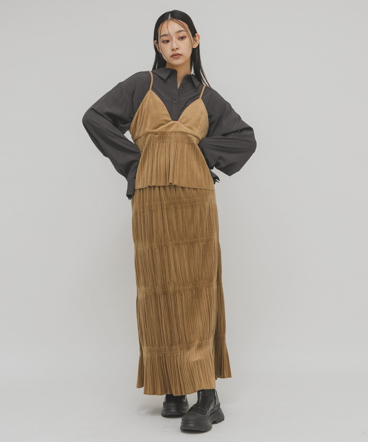  「マジョリカプリーツセパレートワンピース」|ワンピース|キャメル