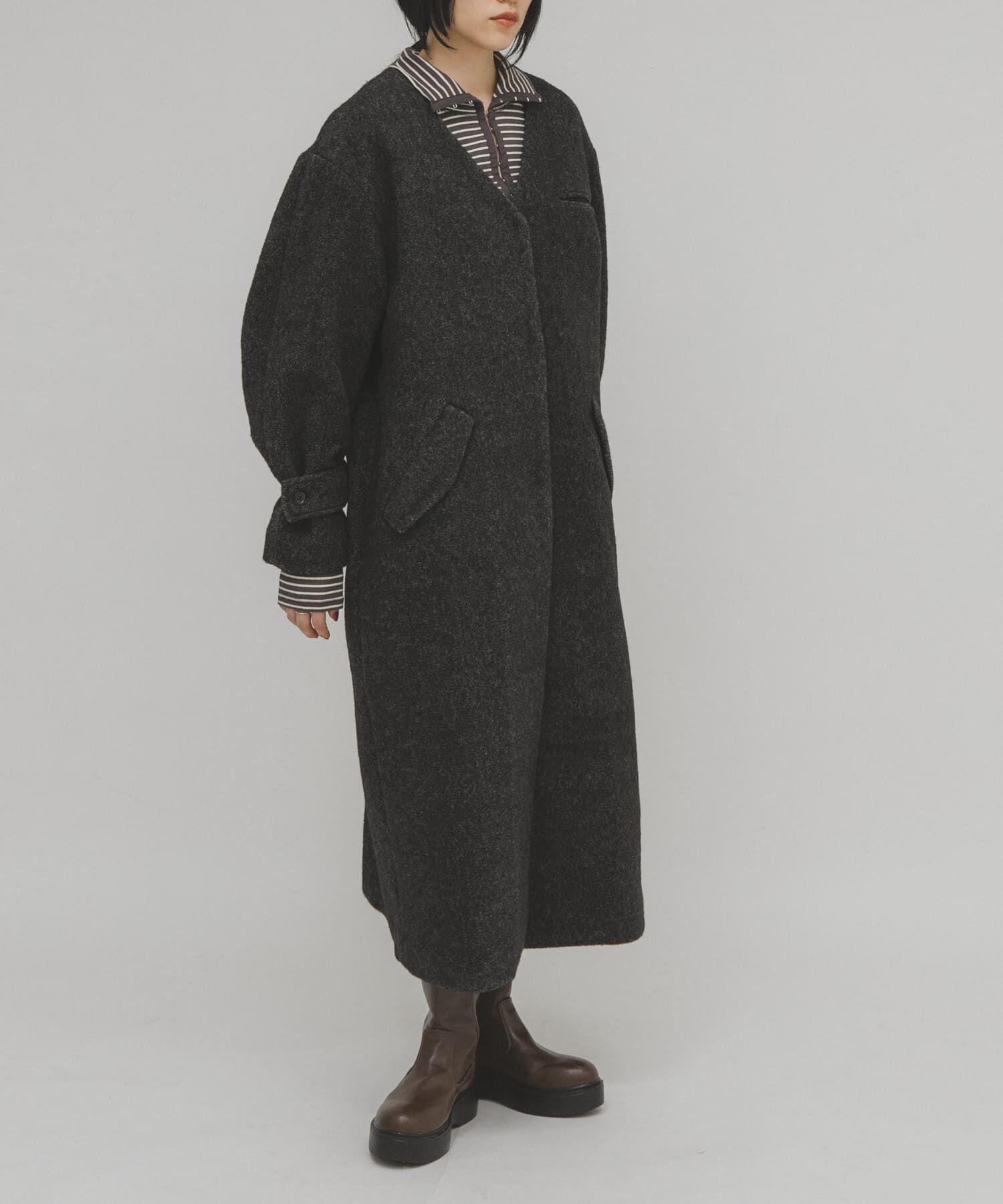  「テディボアロングコート」|ノーカラーコート|チャコールグレー