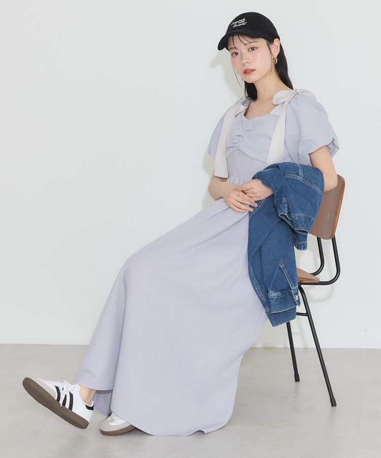 earth music&ecology「リボンショルダーオフショルワンピース」|ワンピース|グレイッシュブルー