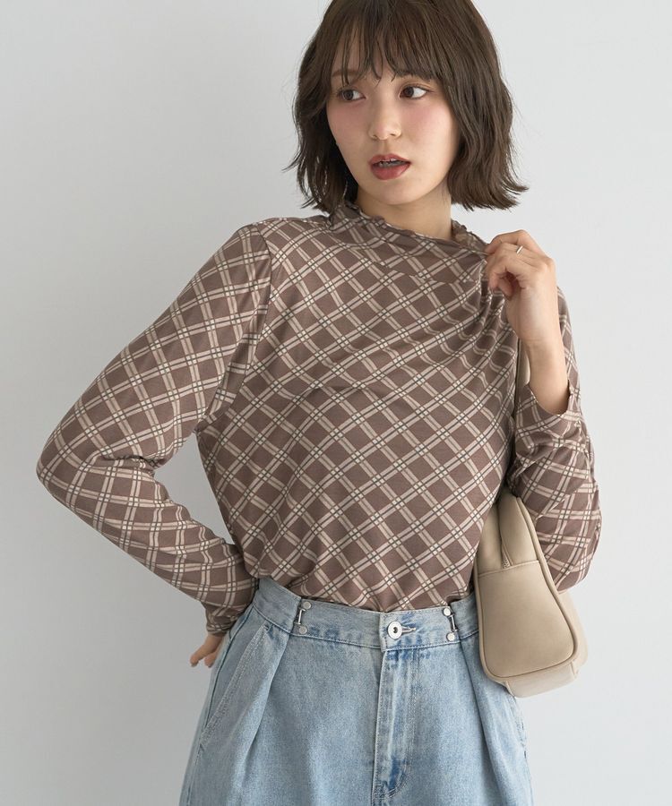 earth music&ecology「あったかフェミニンインナー(シアーハイネック)」|Tシャツ・カットソー|チェックブラウン