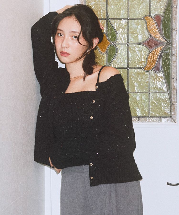 earth music&ecology「SET2点フラワースパンコールカーデ＋ビスチェ」|カーディガン|Black