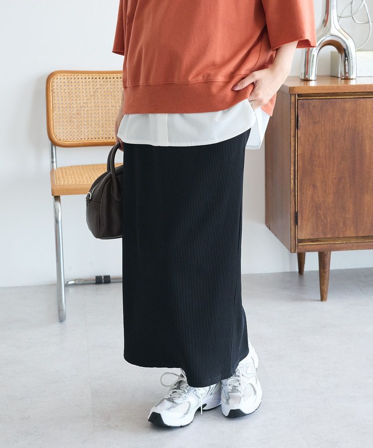 Green Parks「楽ちんIラインリブスカート」|タイト|Black