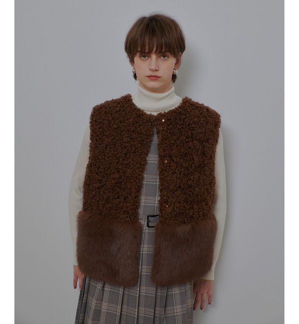 allureville「フェイクボアコンビニットジレ」|ニット・セーター|キャメル