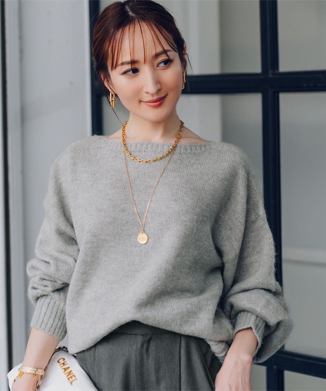 ur's「【星玲奈さんコラボアイテム】ヤクライクボートネックボリュームスリーブニット」|ニット・セーター|グレー