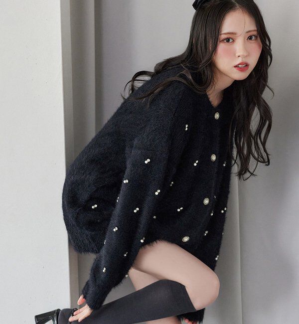  「ビジューフェザーロングカーデ」|ニット・セーター|