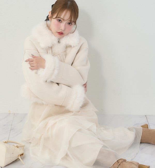  「【リボン取り外し可能】フェイクムートンリボンアウター」|ダウンベスト・ベスト|