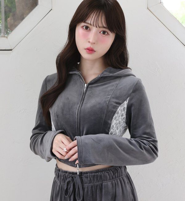  「【セットアップ可能】サイドレースベロアパーカー」|プルオーバー|