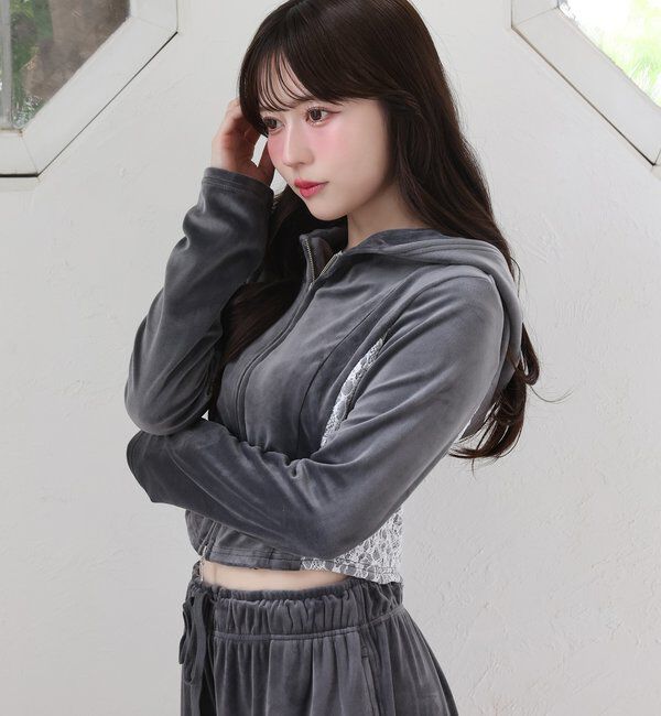  「【セットアップ可能】サイドレースベロアパーカー」|プルオーバー|