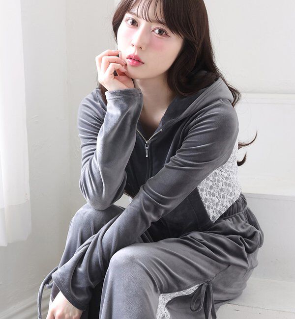  「【セットアップ可能】サイドレースベロアパーカー」|プルオーバー|