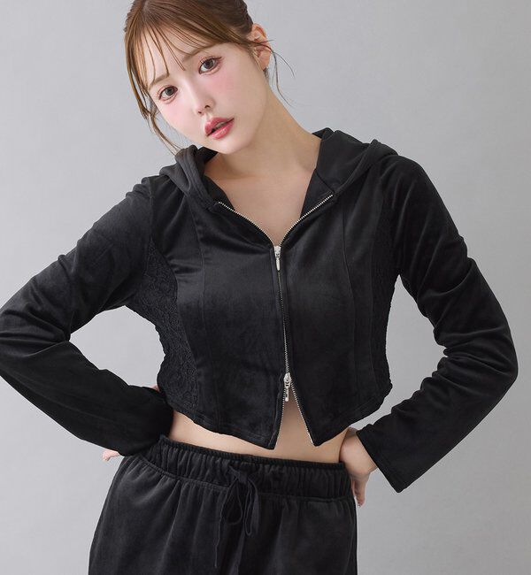  「【セットアップ可能】サイドレースベロアパーカー」|プルオーバー|