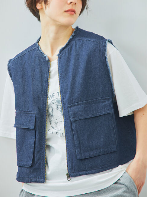 SM2「ツイル/デニムフリンジショートベスト」|ダウンベスト・ベスト|
