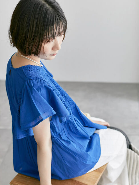 Samansa Mos2 blue「【Made in India】シャーリングブラウス」|シャツ・ブラウス|