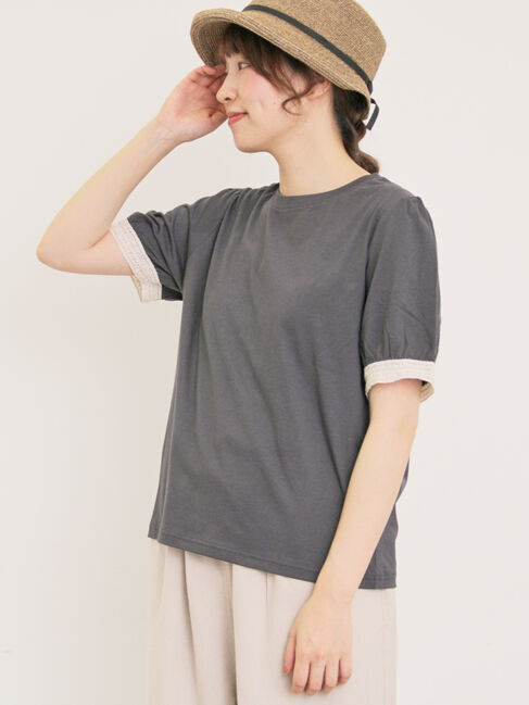 Samansa Mos2「【汗染み防止】袖口レースパフスリーブTシャツ」|Tシャツ・カットソー|