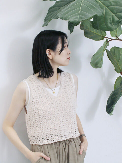 Samansa Mos2 blue「テープヤーン透かしニットベスト」|ニット・セーター|
