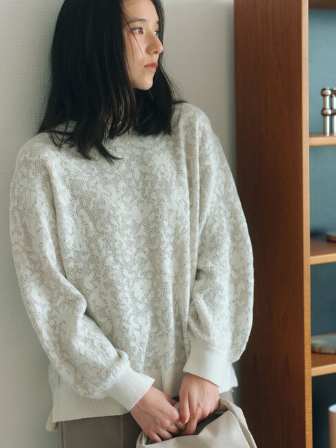 Samansa Mos2 blue「微起毛花ジャガードニットプルオーバー」|ニット・セーター|