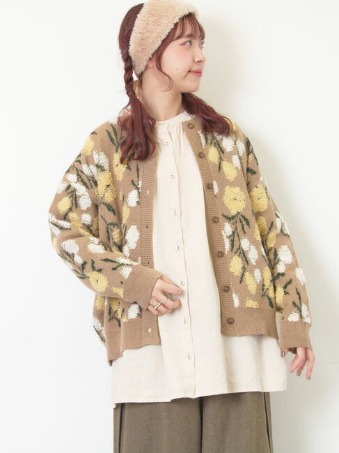 Samansa Mos2「ループ花柄ジャガードニットカーディガン」|カーディガン|