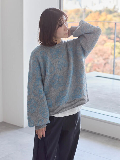 Samansa Mos2 blue「花柄シャギーニットプルオーバー」|ニット・セーター|