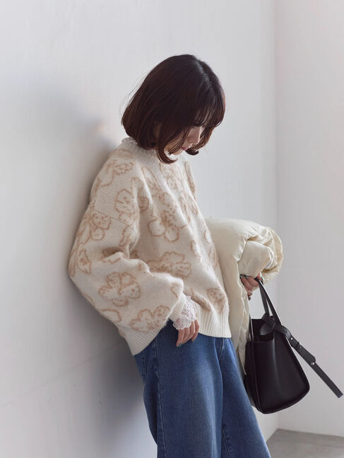 Samansa Mos2 blue「花柄シャギーニットプルオーバー」|ニット・セーター|