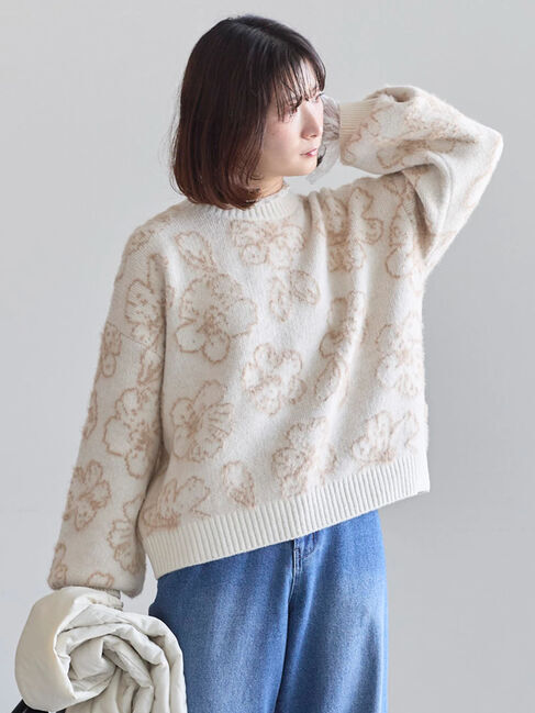Samansa Mos2 blue「花柄シャギーニットプルオーバー」|ニット・セーター|