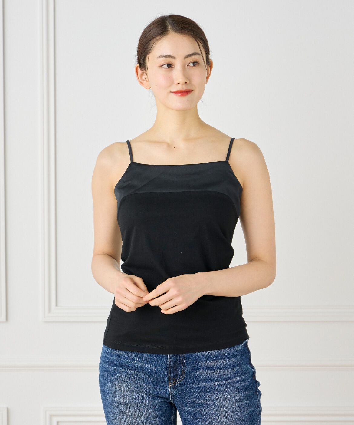 INED「ｽﾋﾞﾝMIXｺｯﾄﾝｻﾃﾝ切り替えｷｬﾐｿｰﾙ《ｽﾋﾞﾝ綿MIX天竺/A-GIRL」|キャミソール|ブラック