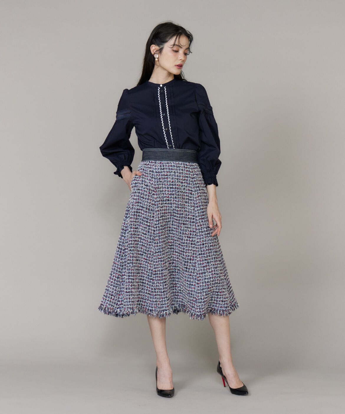 Maglie le cassetto「《大きいサイズ》デニムファンシーツイードスカート《M Maglie le cassetto》」|フレア|