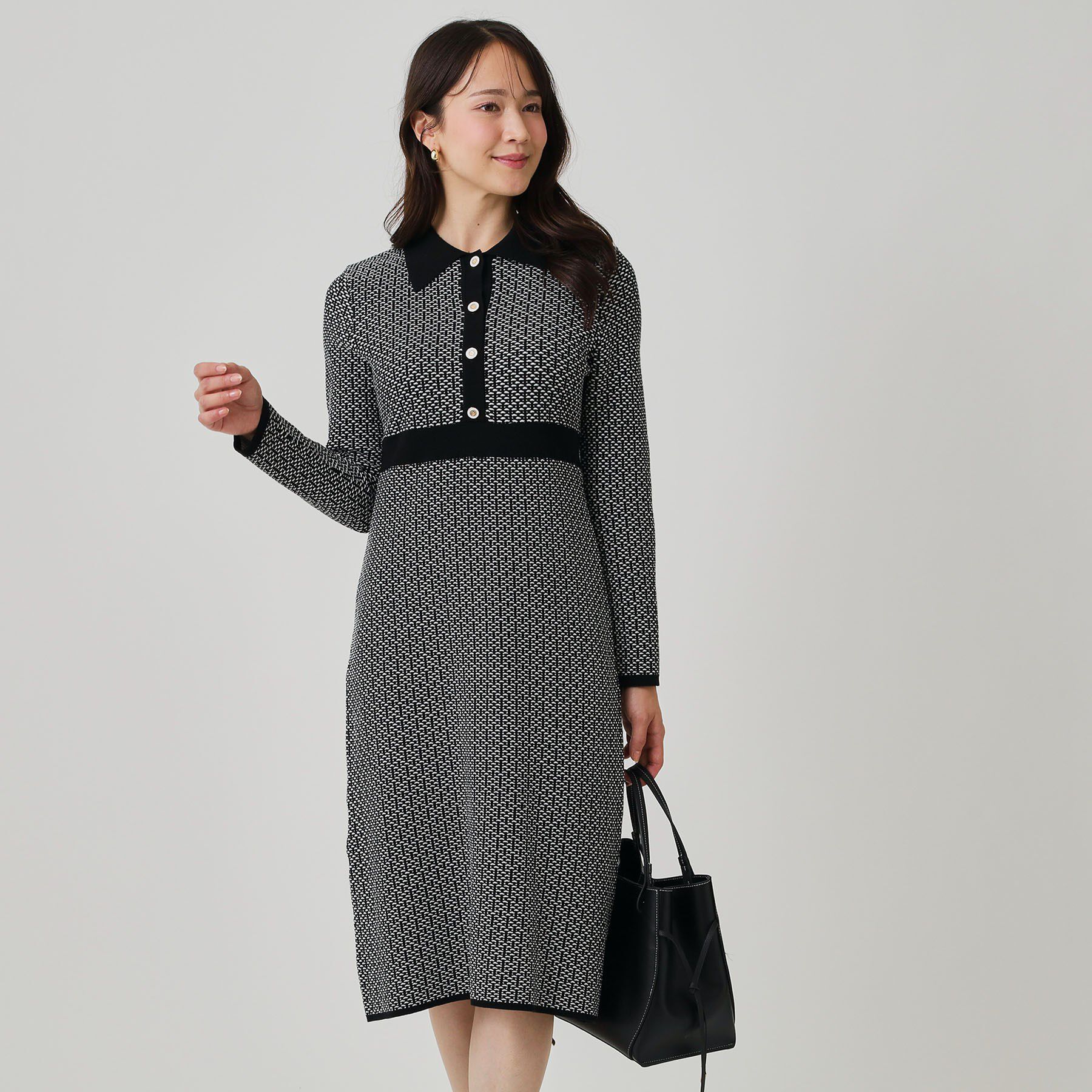 COUP DE CHANCE「【手洗い可】衿付きニットジャカード編みワンピース」|ワンピース|ブラック(519)
