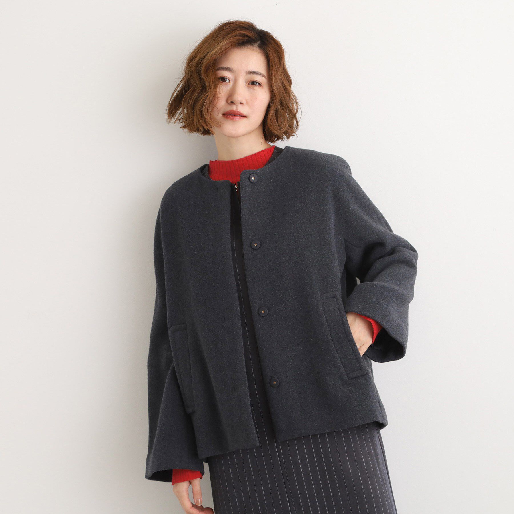 grove「【ウール混】軽やかに羽織れるショートコート」|ノーカラーコート|スミクロ(014)