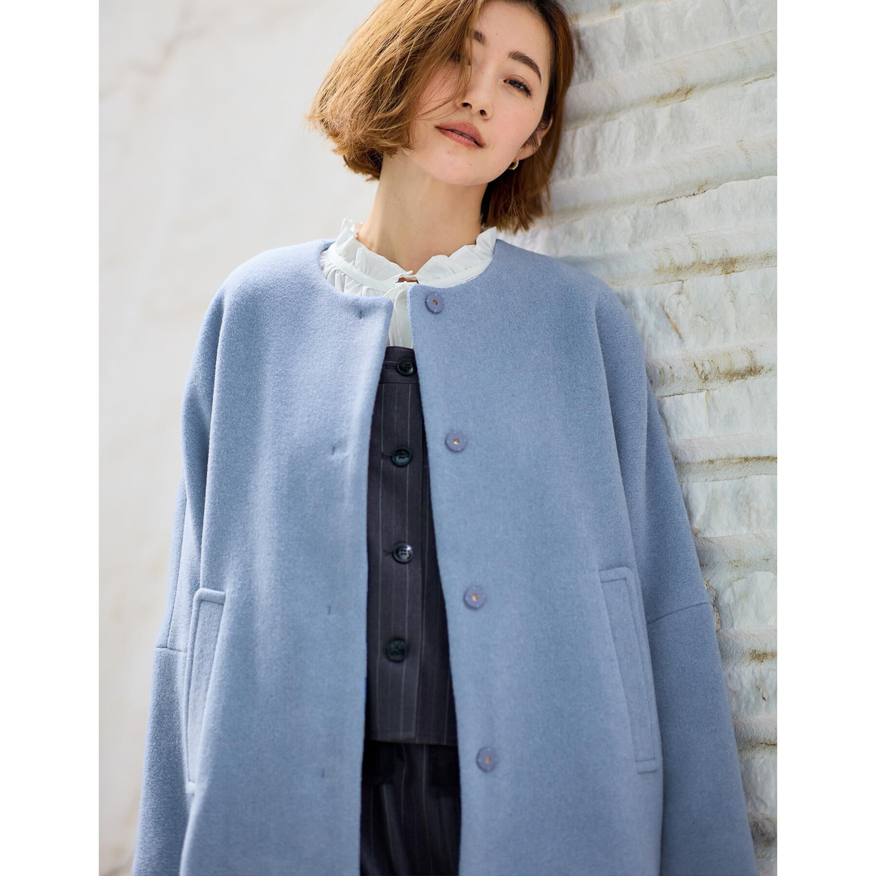 grove「【ウール混】軽やかに羽織れるショートコート」|ノーカラーコート|ブルー(092)