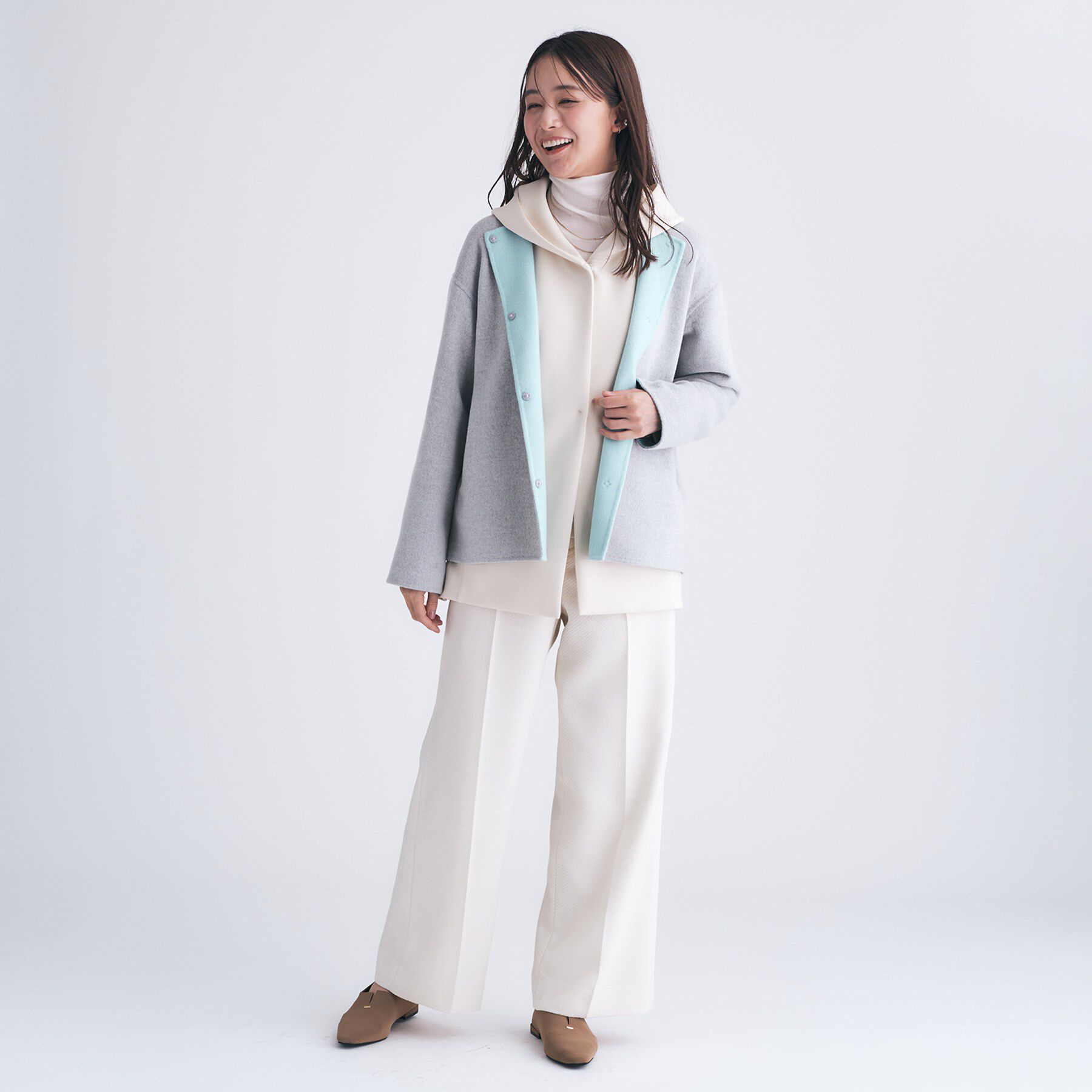 INDIVI「【配色デザイン／ショート丈】ウールリバー ノーカラーコート」|ノーカラーコート|