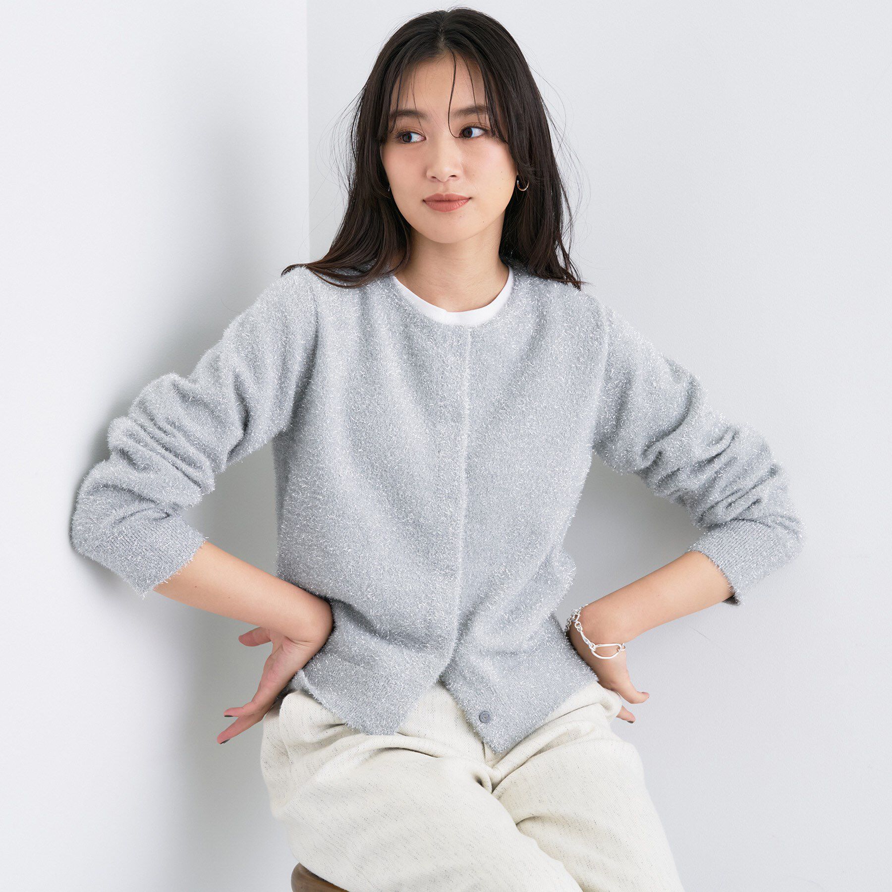 INDIVI「【洗える】ラメニットカーディガン」|カーディガン|