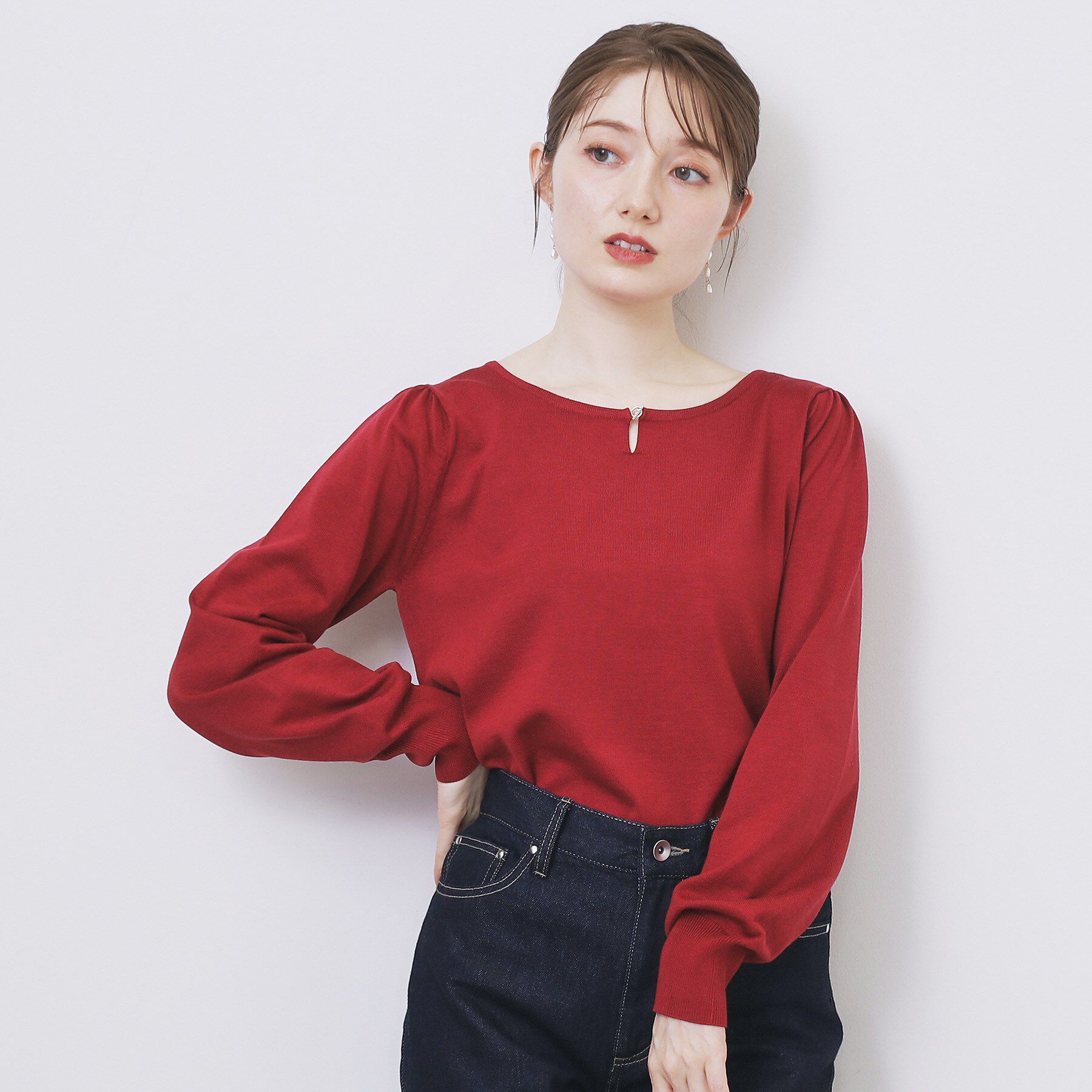 index「パール調パーツ付きクルーネックニット【洗濯機OK】《8col/XS～3L》」|ニット・セーター|